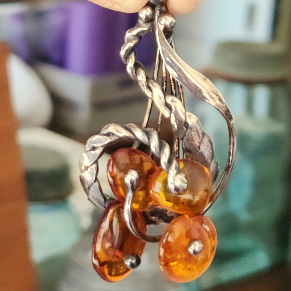 Baltic Amber Cluster Pendant with Twisted Silver Wire Frame